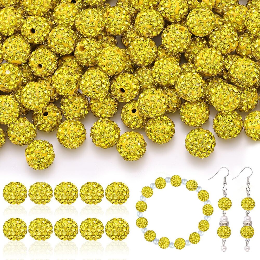 7869 160pcs 10mm Rhinestone Beads for Jewelry Making, Yellow Shiny Round